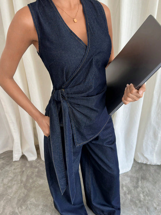 Noir Denim Wrap Vest & Wide-Leg Co-Ord Set