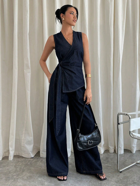 Noir Denim Wrap Vest & Wide-Leg Co-Ord Set