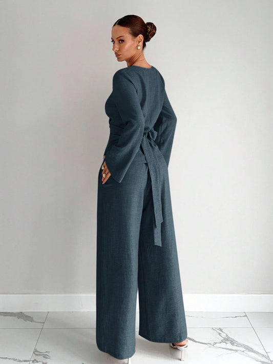 Executive Grace Wrap Blouse & Wide-Leg Pants Set