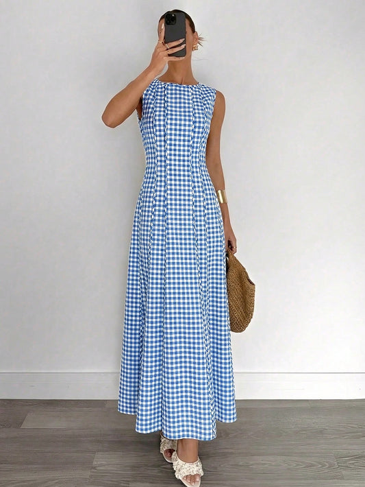 Azure Breeze Gingham Maxi Dress