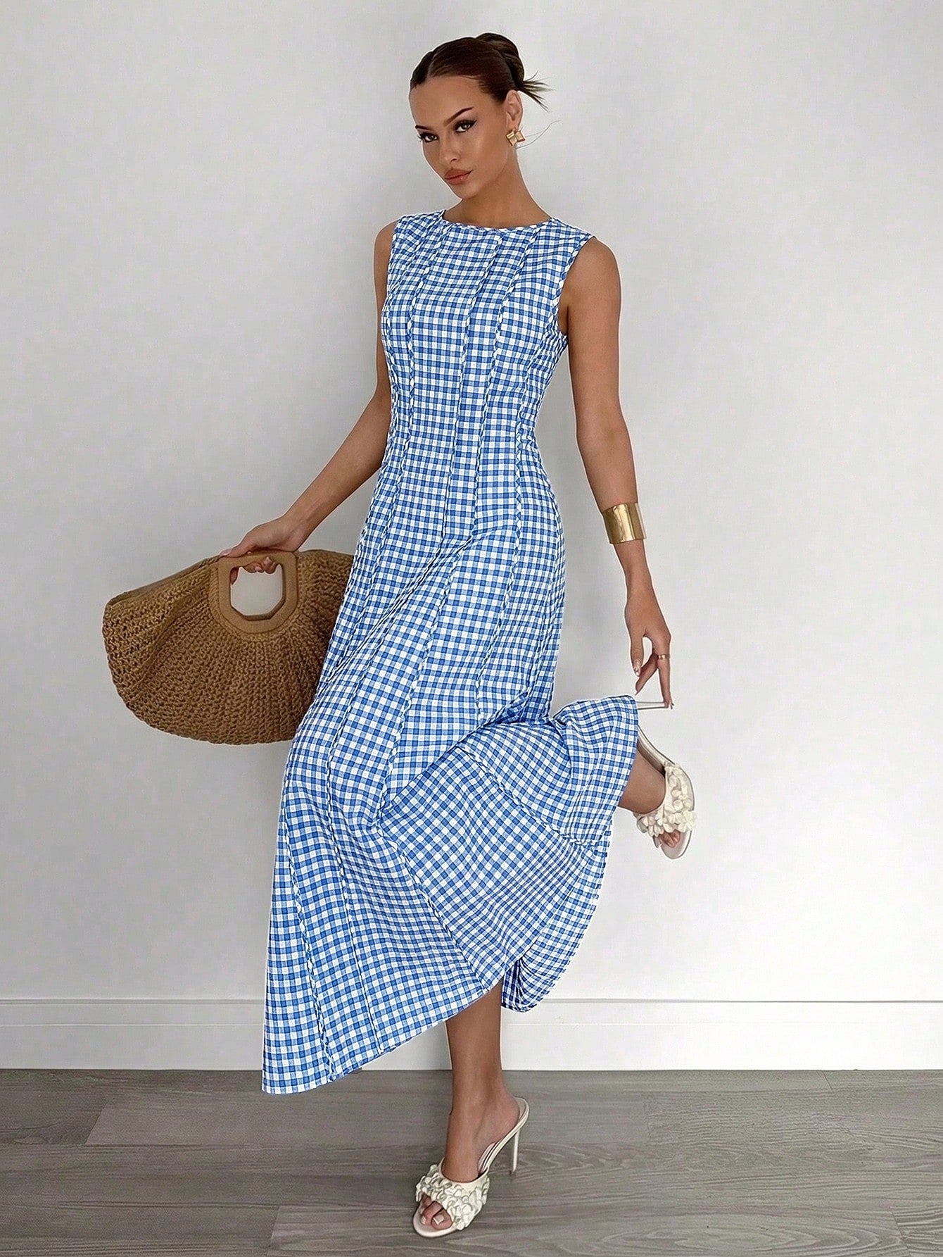 Azure Breeze Gingham Maxi Dress